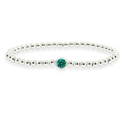Sterling Silver Polished Beads Stretch Bracelet Made with Green Bluish Swarovski Crystal