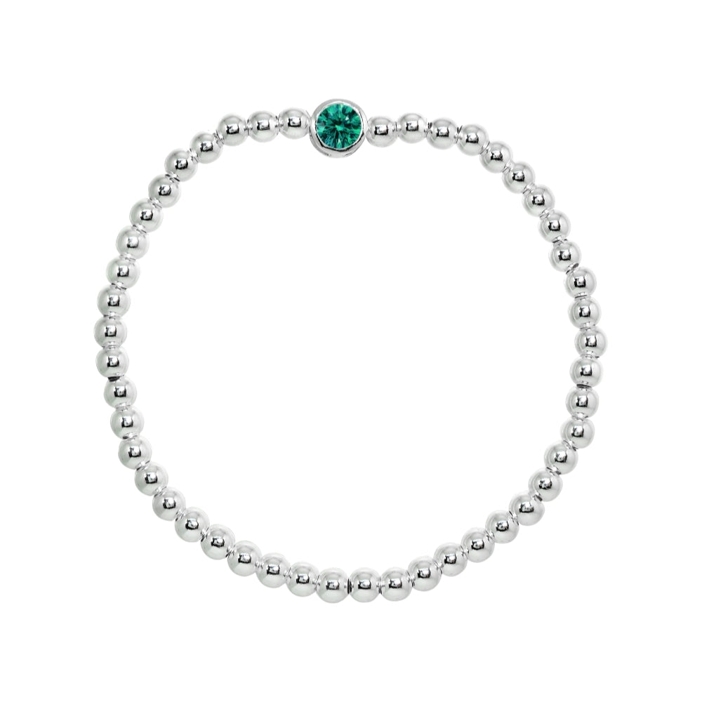 Sterling Silver Polished Beads Stretch Bracelet Made with Green Bluish Swarovski Crystal-2