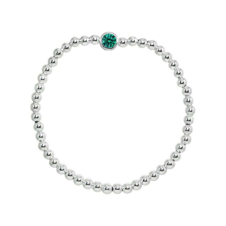 Sterling Silver Polished Beads Stretch Bracelet Made with Green Bluish Swarovski Crystal