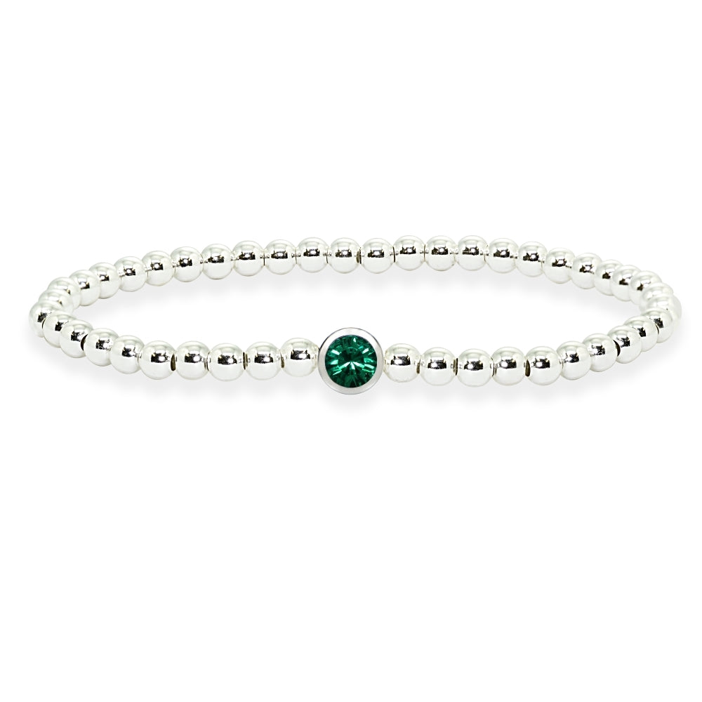 Sterling Silver Polished Beads Stretch Bracelet Made with Green Swarovski Crystal