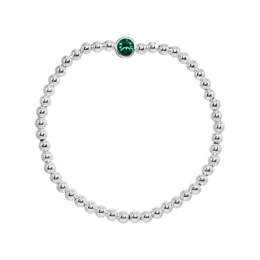Sterling Silver Polished Beads Stretch Bracelet Made with Green Swarovski Crystal-2