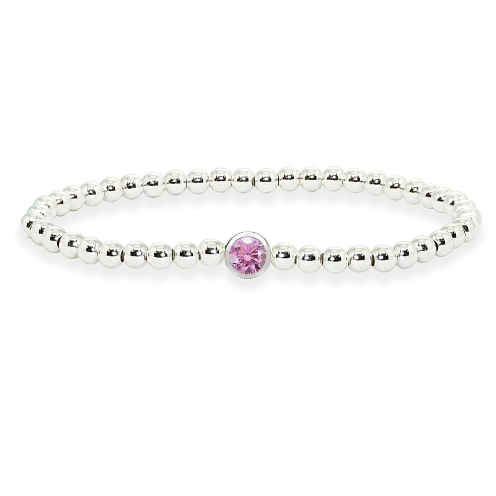 Sterling Silver Polished Beads Stretch Bracelet Made with Light Rose Swarovski Crystal