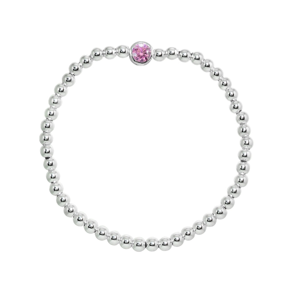 Sterling Silver Polished Beads Stretch Bracelet Made with Light Rose Swarovski Crystal-2