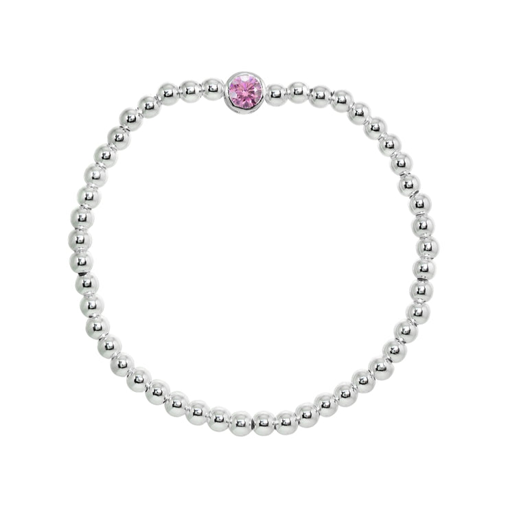 Sterling Silver Polished Beads Stretch Bracelet Made with Light Rose Swarovski Crystal