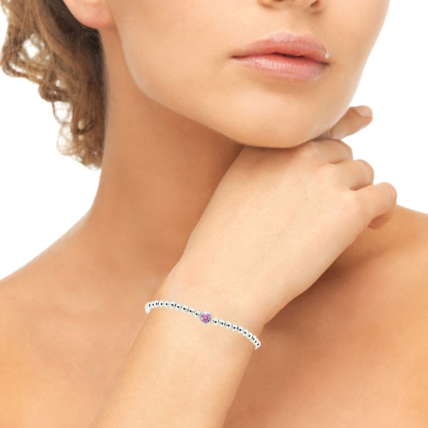 Sterling Silver Polished Beads Stretch Bracelet Made with Light Rose Swarovski Crystal