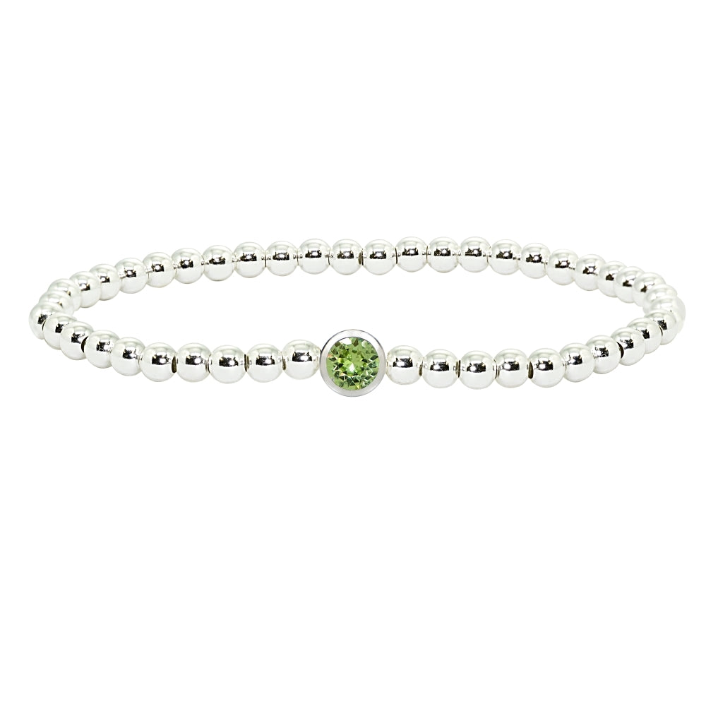 Sterling Silver Polished Beads Stretch Bracelet Made with Light Green Swarovski Crystal