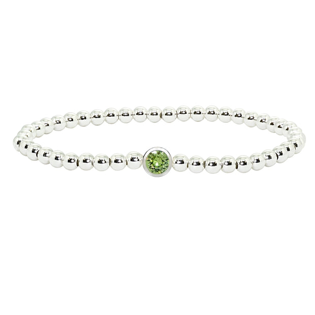 Sterling Silver Polished Beads Stretch Bracelet Made with Light Green Swarovski Crystal