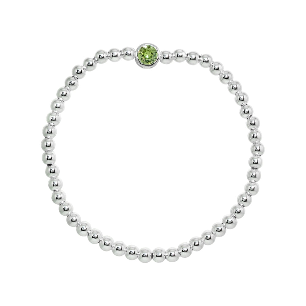 Sterling Silver Polished Beads Stretch Bracelet Made with Light Green Swarovski Crystal-2