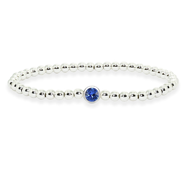 Sterling Silver Polished Beads Stretch Bracelet Made with Blue Swarovski Crystal