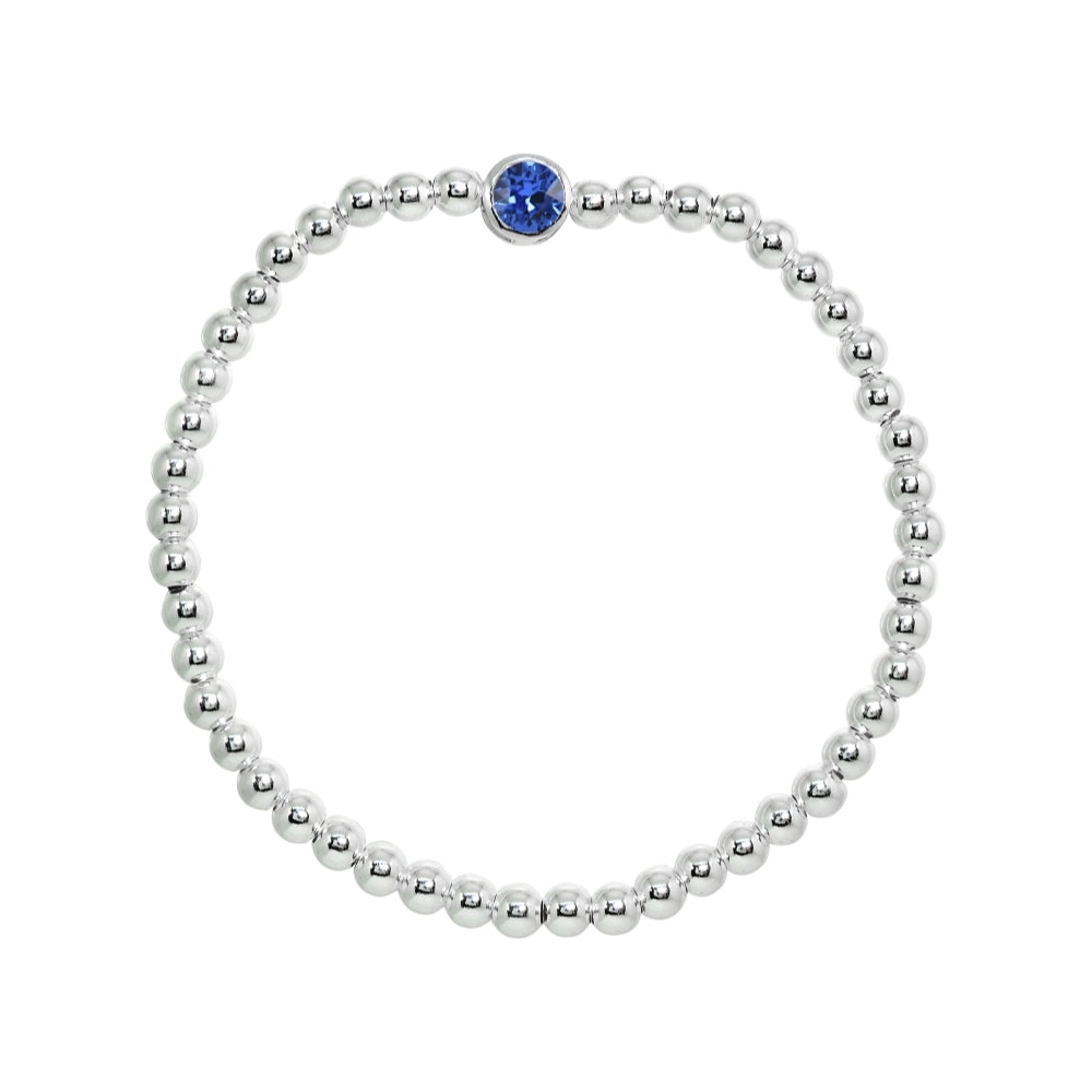 Sterling Silver Polished Beads Stretch Bracelet Made with Blue Swarovski Crystal-2