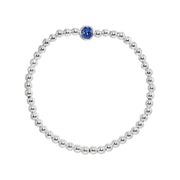 Sterling Silver Polished Beads Stretch Bracelet Made with Blue Swarovski Crystal