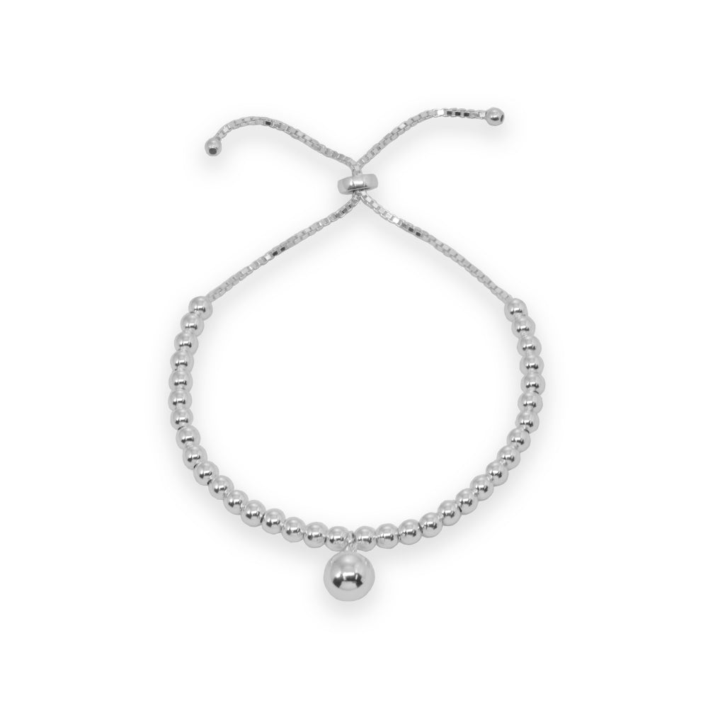 Sterling Silver Polished Large Bead Pull-String Adjustable Bolo Chain Bracelet