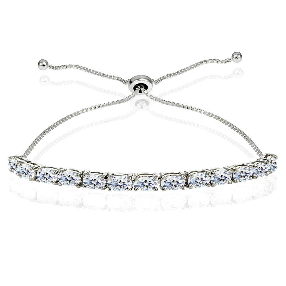 Sterling Silver Polished 5x3mm Oval Adjustable Bolo Bracelet Made with Swarovski Zirconia