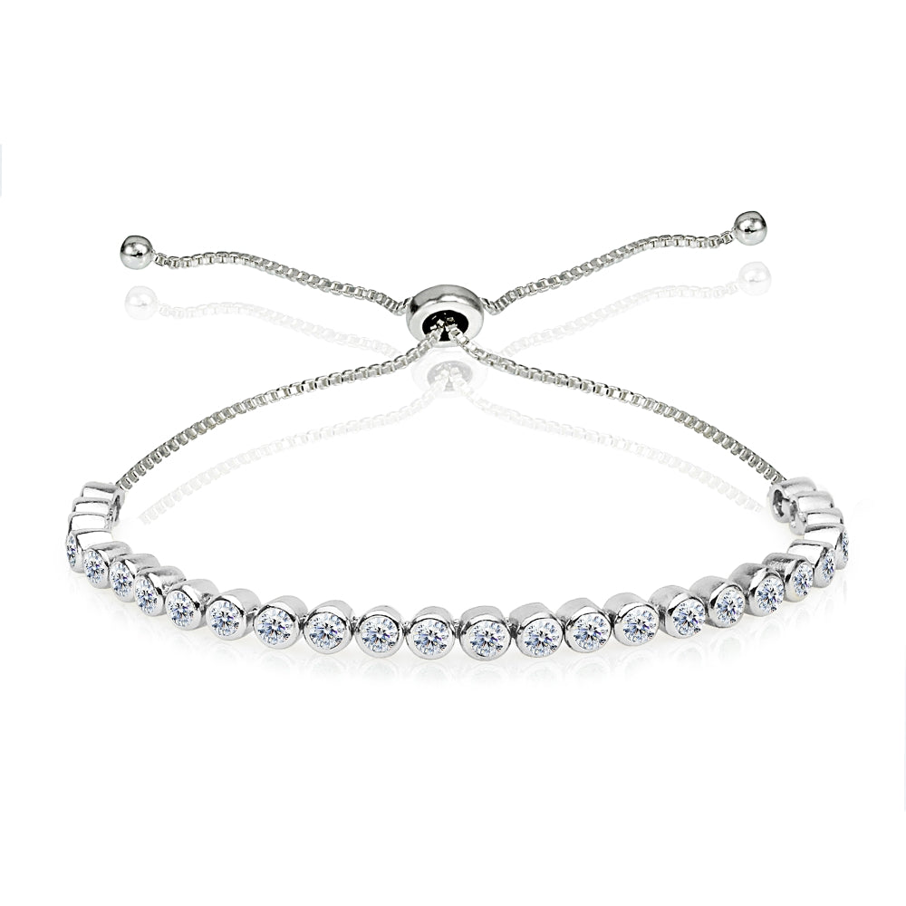 Sterling Silver Polished 2mm Round Bezel-Set Adjustable Bolo Bracelet Made with Swarovski Zirconia