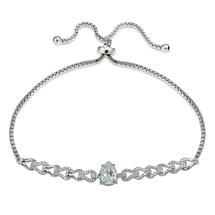 Sterling Silver Cubic Zirconia Teardrop Polished Adjustable Pull-String Box Chain Bolo Bracelet
