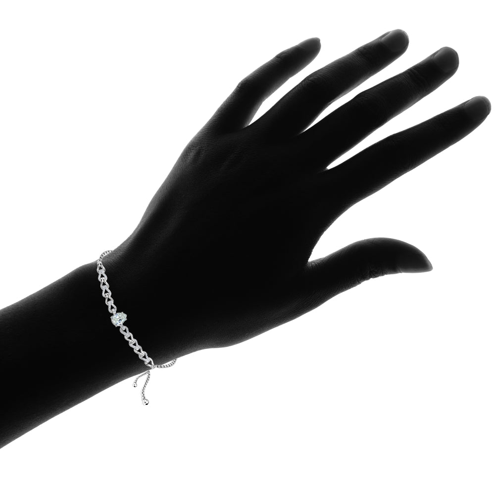 Sterling Silver Cubic Zirconia Teardrop Polished Adjustable Pull-String Box Chain Bolo Bracelet-3