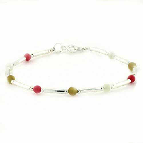 Sterling Silver Mother of Pearl, Natural Mother of Pearl, Bamboo & Pink Coral Bar & Bead Bracelet