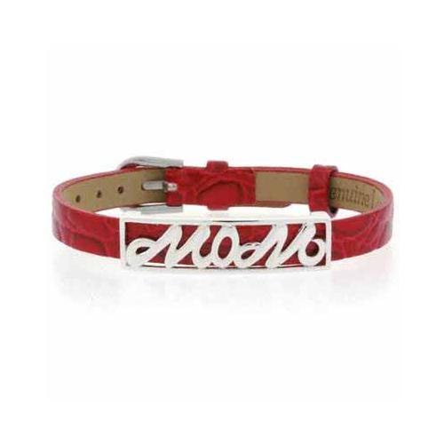 Sterling Silver `MOM` Red Leather Bracelet