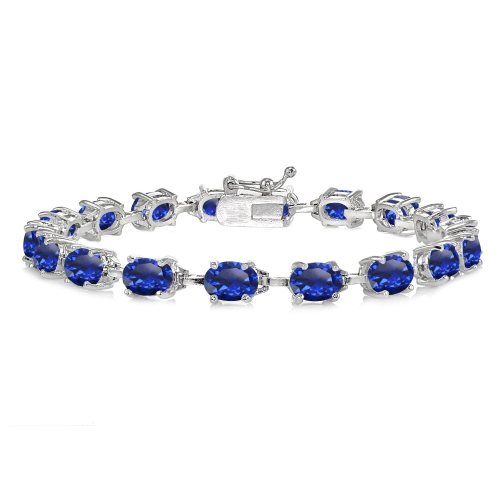 Sterling Silver Created Blue Sapphire 7x5mm Oval Classic Link Tennis Bracelet