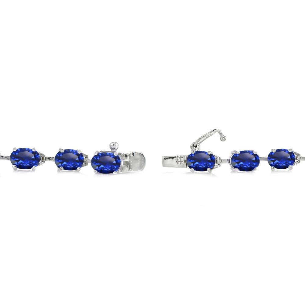 Sterling Silver Created Blue Sapphire 7x5mm Oval Classic Link Tennis Bracelet-2