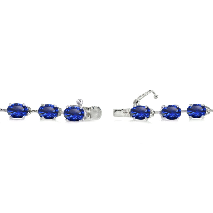 Sterling Silver Created Blue Sapphire 7x5mm Oval Classic Link Tennis Bracelet