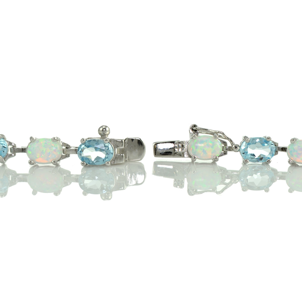 Sterlilng Silver Blue Topaz and Created White Opal 7x5mm Oval-Cut Tennis Bracelet-2