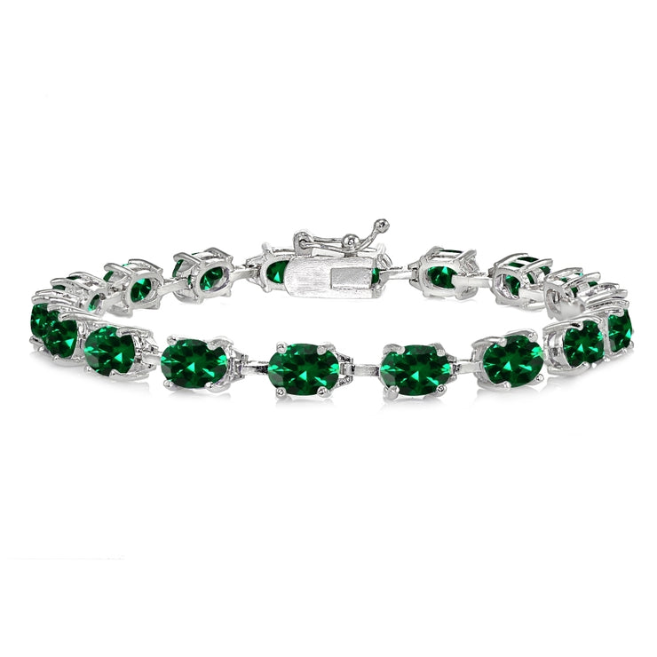 Sterling Silver Created Emerald 7x5mm Oval Classic Link Tennis Bracelet