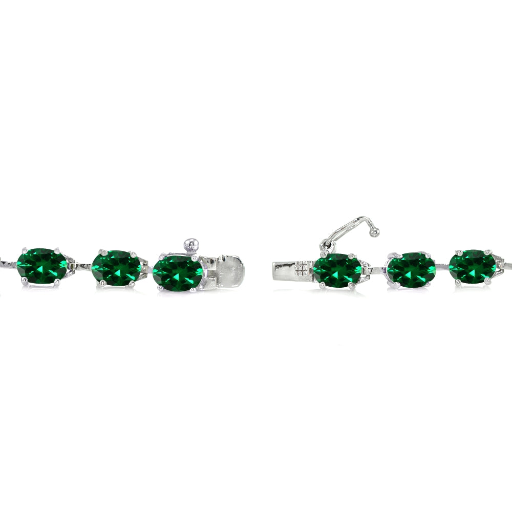Sterling Silver Created Emerald 7x5mm Oval Classic Link Tennis Bracelet-2