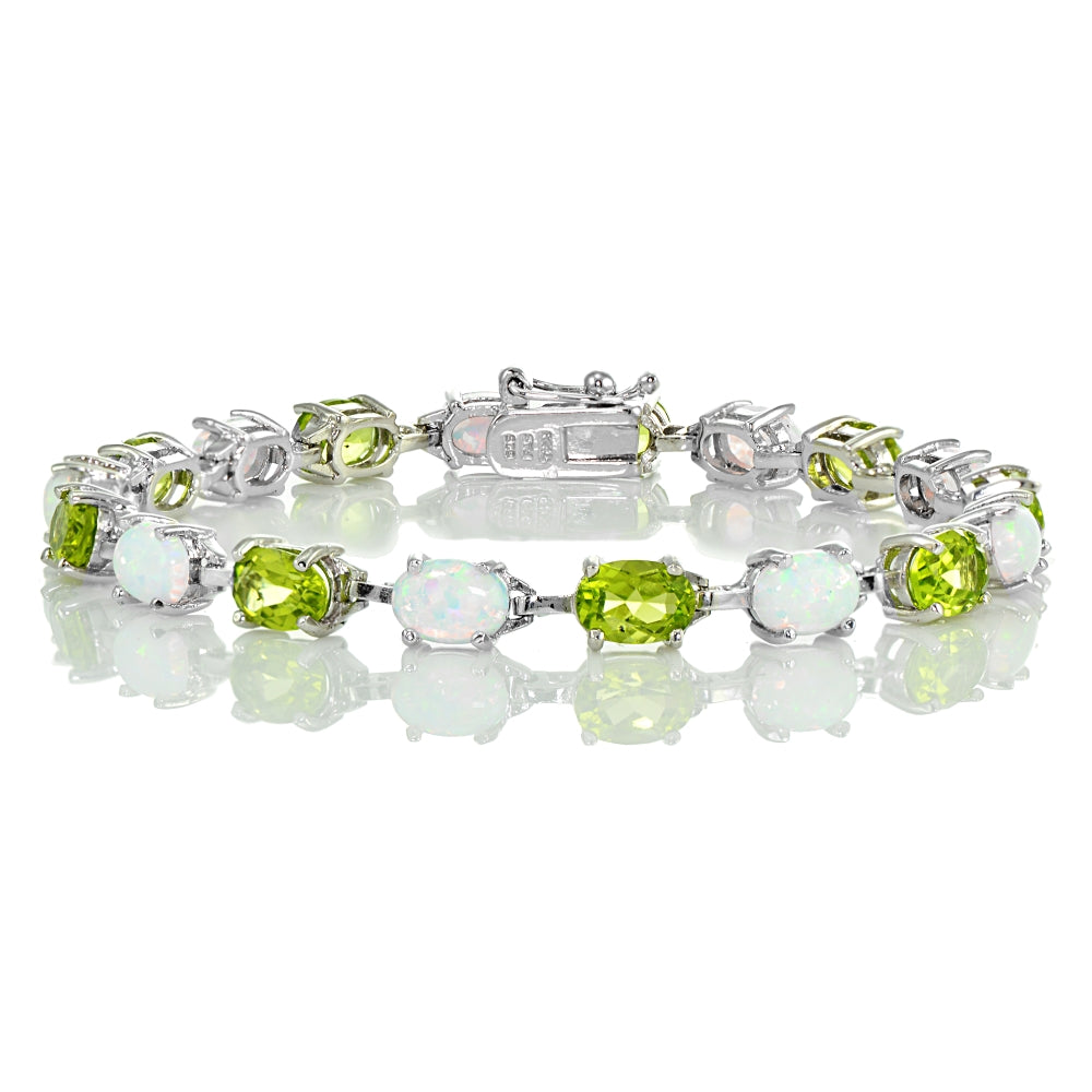 Sterlilng Silver Peridot and Created White Opal 7x5mm Oval-Cut Tennis Bracelet