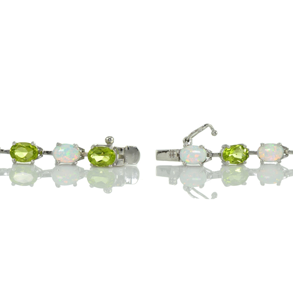 Sterlilng Silver Peridot and Created White Opal 7x5mm Oval-Cut Tennis Bracelet-2