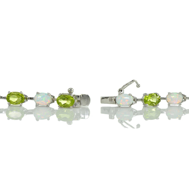 Sterlilng Silver Peridot and Created White Opal 7x5mm Oval-Cut Tennis Bracelet