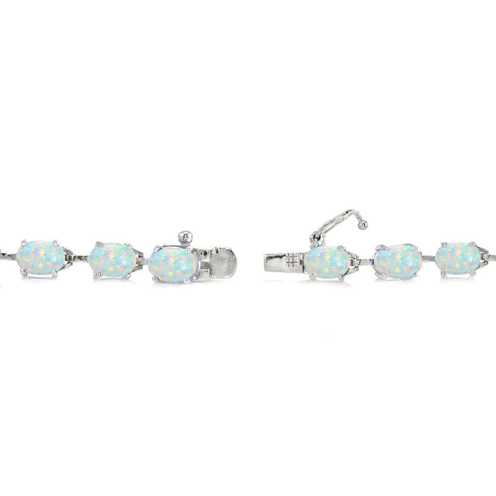 Sterling Silver Created White Opal 7x5mm Oval Classic Link Tennis Bracelet-2