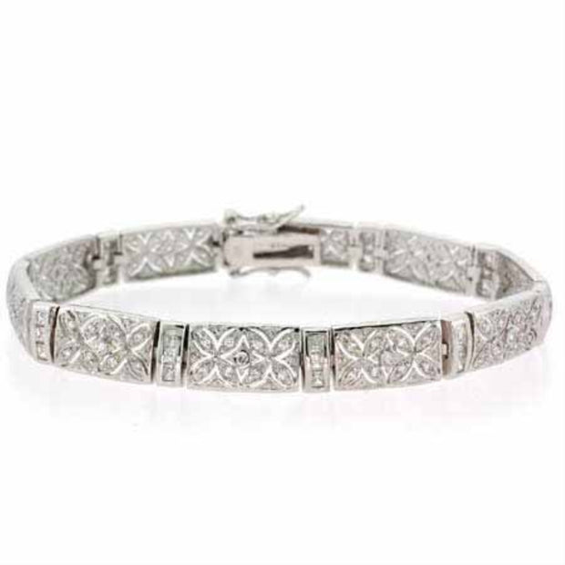 Sterling Silver Created Diamond cz Filigree Flower Tennis Bracelet