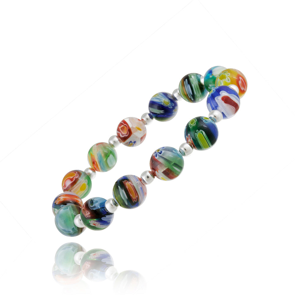 Sterling Silver Venetian Murano Glass Beaded Millefiori Flower Stretch Bracelet