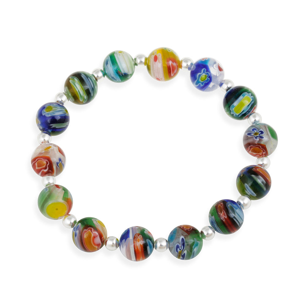 Sterling Silver Venetian Murano Glass Beaded Millefiori Flower Stretch Bracelet-2