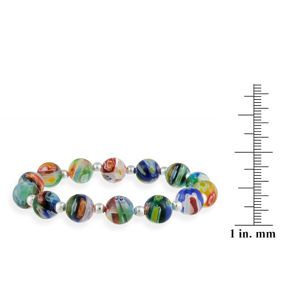 Sterling Silver Venetian Murano Glass Beaded Millefiori Flower Stretch Bracelet-3