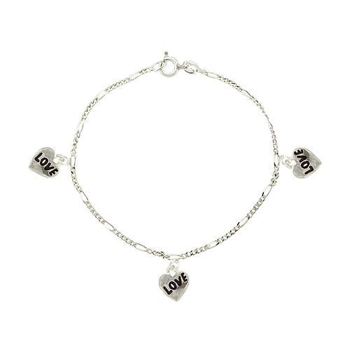 Sterling Silver .925 Figaro Link Black Enamel 'Love'  Word Heart Charm Dangle Bracelet