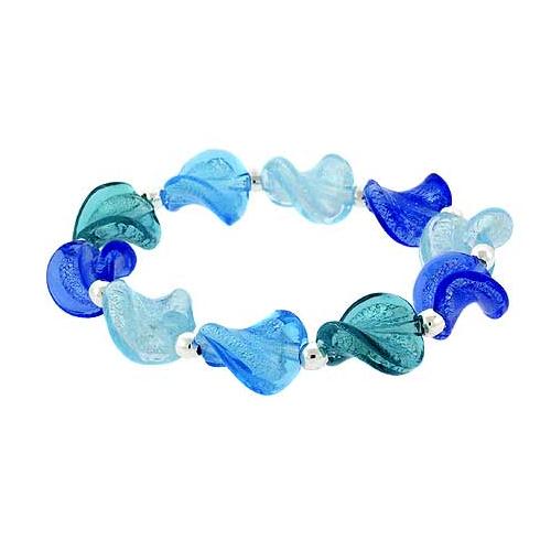 Sterling Silver Multi-Blues & Aqua Twisted Foil Glass Stretch Bracelet
