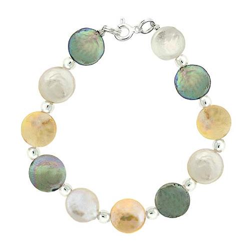 Sterling Silver Iridescent Freshwater Cultured Round Coin Pearl White Green Yellow Bead Bracelet