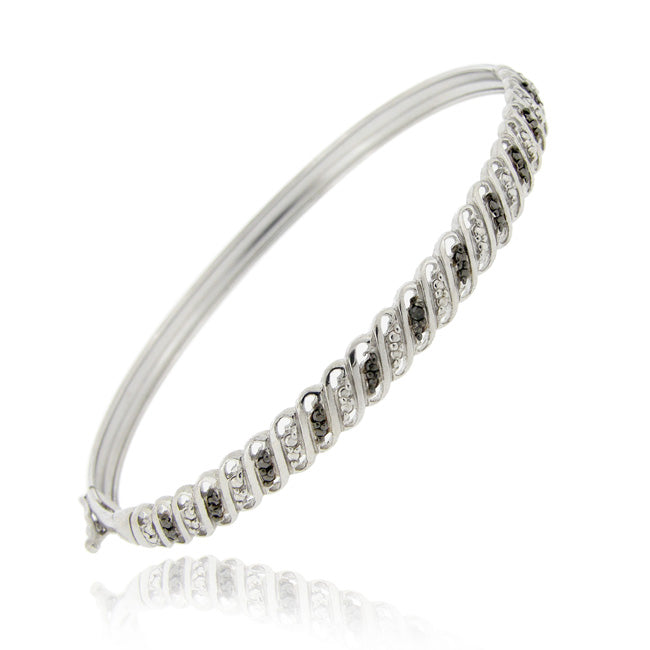 Sterling Silver Black Diamond Accent S Design Bangle Bracelet-2