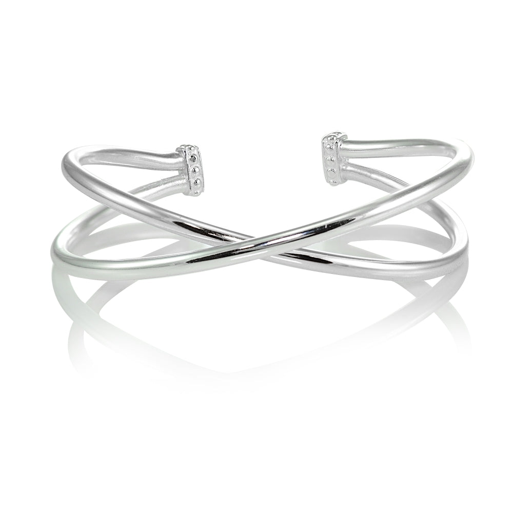 Sterling Silver High Polished Criss Cross Cuff Bangle Bracelet