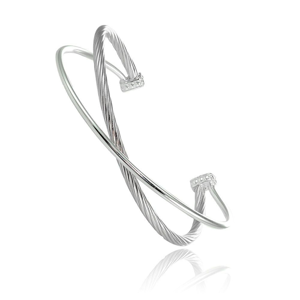 Sterling Silver High Polished & Twist Criss Cross Cuff Bangle Bracelet-3