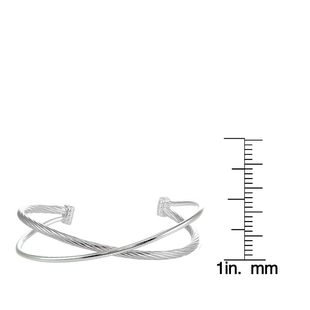 Sterling Silver High Polished & Twist Criss Cross Cuff Bangle Bracelet-4
