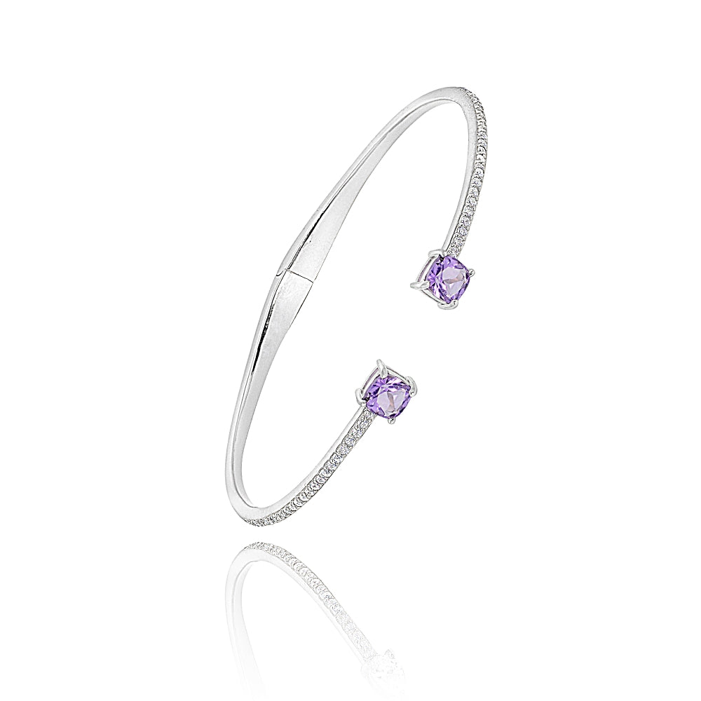 Sterling Silver Amethyst & Created White Sapphire Cushion-Cut Dainty Cuff Bangle Bracelet-2