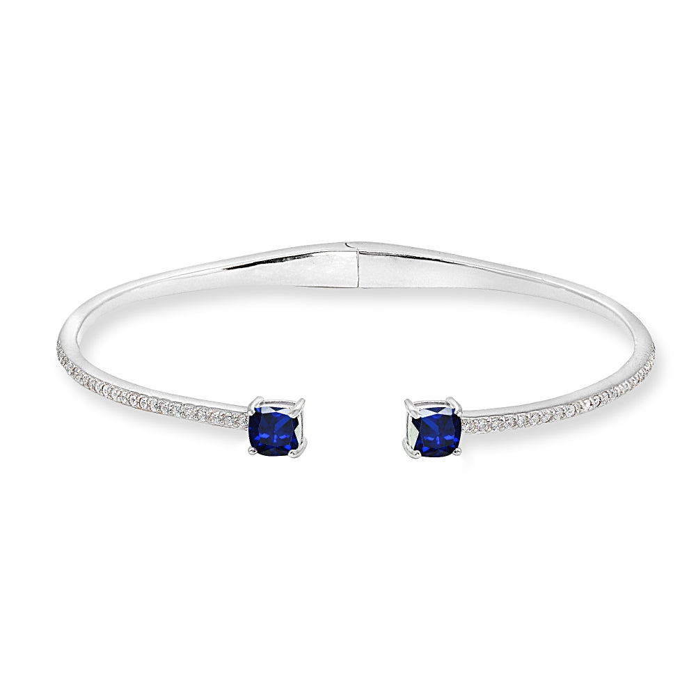 Sterling Silver Created Blue & White Sapphire Cushion-Cut Dainty Cuff Bangle Bracelet