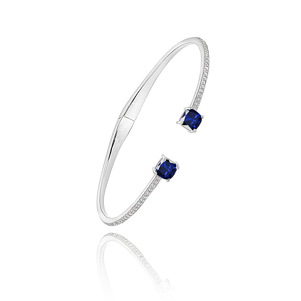 Sterling Silver Created Blue & White Sapphire Cushion-Cut Dainty Cuff Bangle Bracelet-2