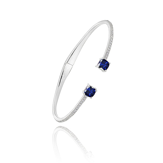 Sterling Silver Created Blue & White Sapphire Cushion-Cut Dainty Cuff Bangle Bracelet