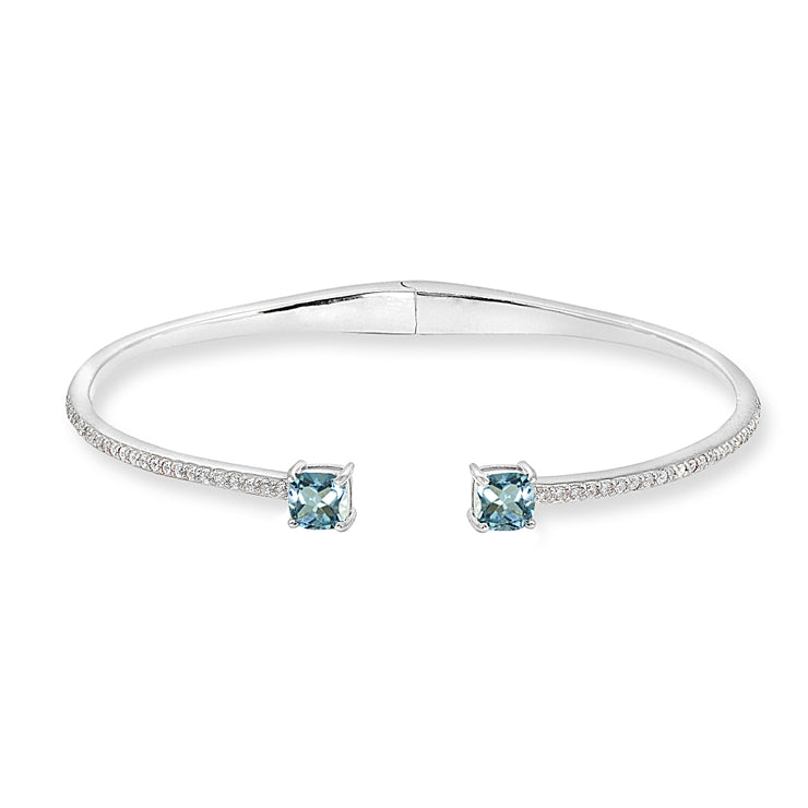 Sterling Silver Blue Topaz & Created White Sapphire Cushion-Cut Dainty Cuff Bangle Bracelet