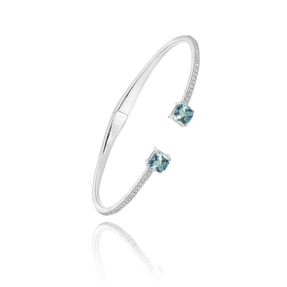 Sterling Silver Blue Topaz & Created White Sapphire Cushion-Cut Dainty Cuff Bangle Bracelet-2