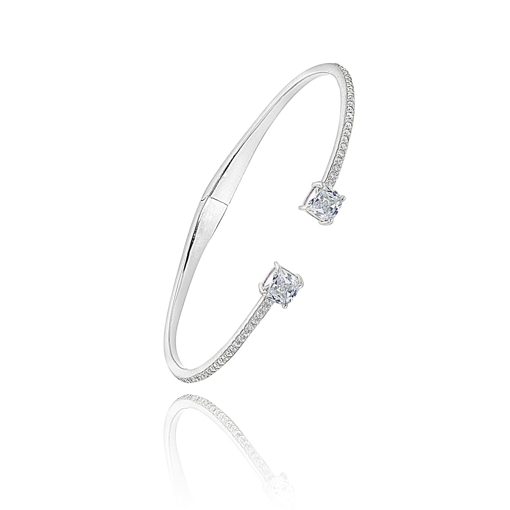 Sterling Silver Created White Sapphire Cushion-Cut Dainty Cuff Bangle Bracelet-2